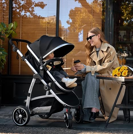 HAGADAY 2-in-1 Baby Stroller, Reversible Bassinet & Toddler Seat, Foldable Convertible Newborn Stroller with Aluminum Alloy Frame